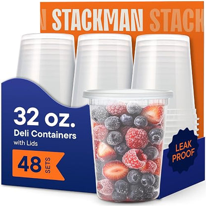 Stack Man [48 juegos - Contenedores desechables de plástico de 32 onzas con tapas herméticas