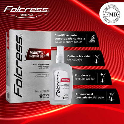 Folcress Solución Minoxidil 5% - Tratamiento Anticaída para Hombres, Estimula el Crecimiento Capilar, Cuidado del Cabello - 60 ml