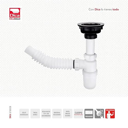 Dica 3730CB Céspol Flexible Bote Grande con Contracanasta para Fregadero, Trampa para Tarja con Tubo Flexible, Desagüe para Cocina, Plástica