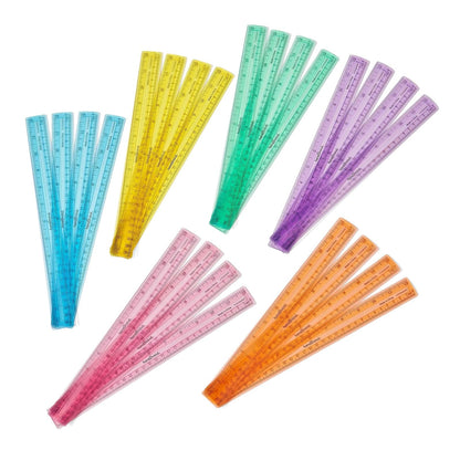hand2mind Reglas de plástico Safe-T multicolor, transparente, semiflexible de 30, reglas de plástico arcoíris, regla de seguridad para medir (paquete de 24)