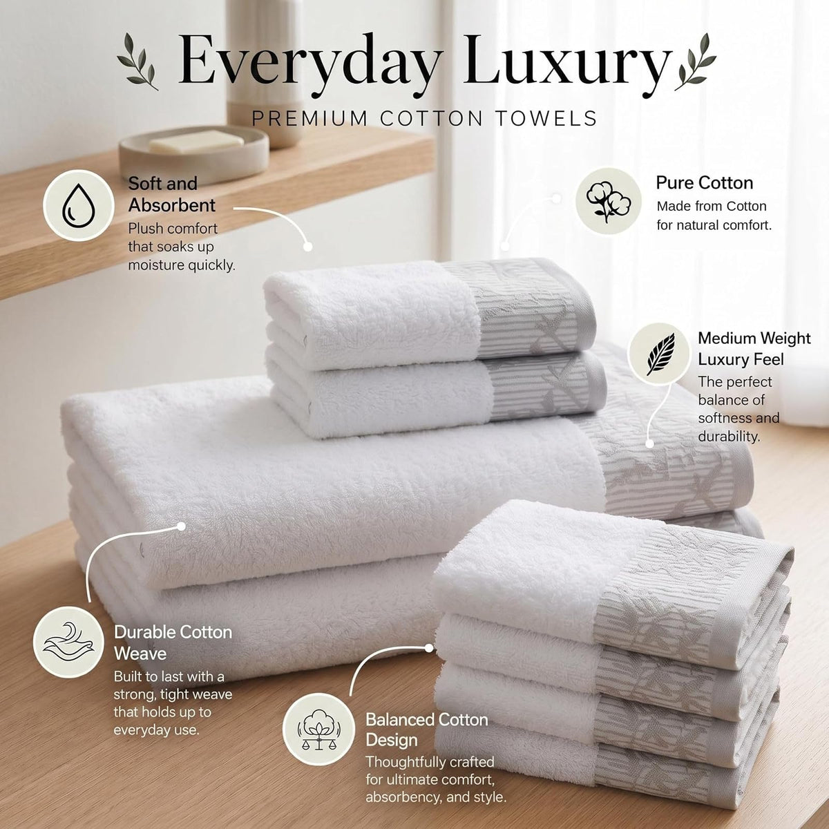 Superior Juego de Toallas de algodón de 8 Piezas, Borde Floral Jacquard Dobby, Secado rápido, baño Decorativo, Ducha, baño, Incluye 2 cuerpos, 2 Manos, 4 Toallas de Rostro, colección Wisteria, Blanco