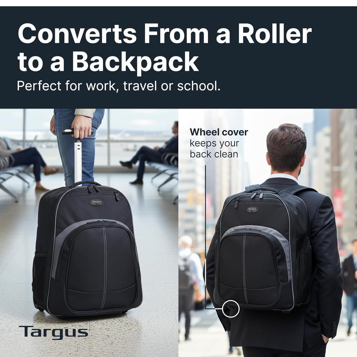 Targus Kompakter Roll-Rucksack für Business, Studenten und Reisen, Pendler, strapazierfähiges Material, Tablet-Tasche, abnehmbare Laptop-Schutzhülle