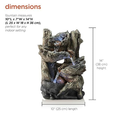 Alpine Corporation WIN794S Fuente de Agua de Troncos en Niveles para Mesa de Interior con Luces LED, Cascada de Luz de Bosque Tropical, 14", Marrón