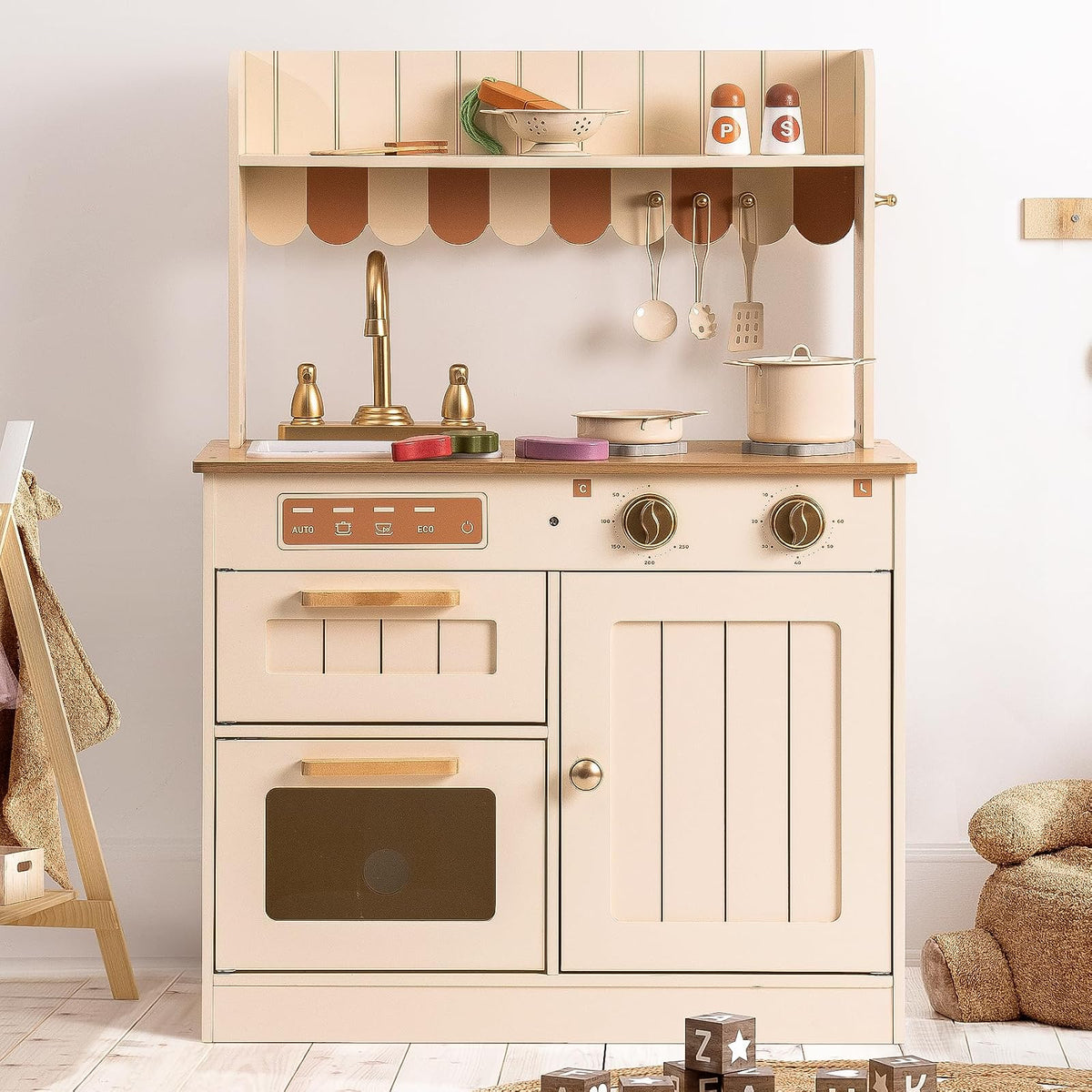 ROBOTIME Juego de Cocina para niños pequeños, Juego de Cocina de Madera con Juego de Alimentos de Corte, Juguetes de Regalo de Cocina para niños de más de 3 años, niñas y niños
