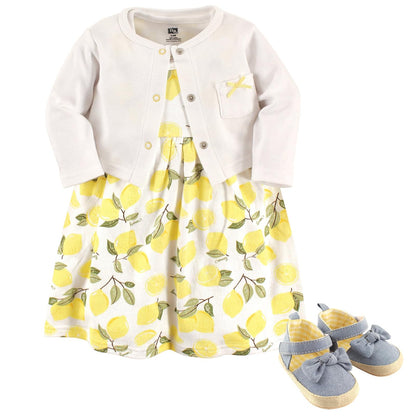 Hudson Baby Vestido de 3 piezas, cárdigan, juego de zapatos para niña