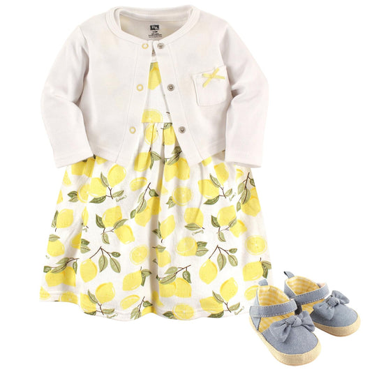 Hudson Baby Vestido de 3 piezas, cárdigan, juego de zapatos para niña