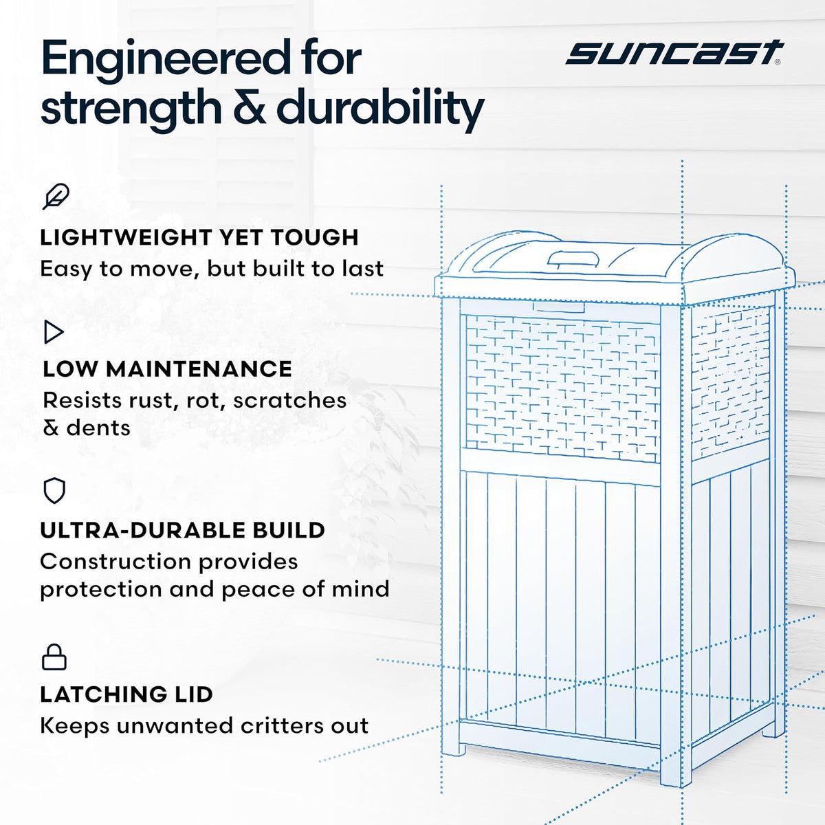 Suncast - Papelera de mimbre de 33 galones con tapa de cierre seguro y construcción resistente a la intemperie para patio, gris ciberespacio, fabricado en los Estados Unidos
