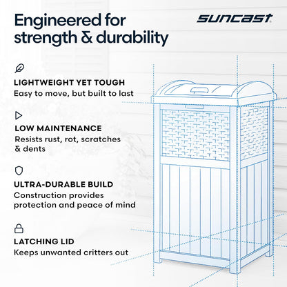 Suncast - Papelera de mimbre de 33 galones con tapa de cierre seguro y construcción resistente a la intemperie para patio, gris ciberespacio, fabricado en los Estados Unidos