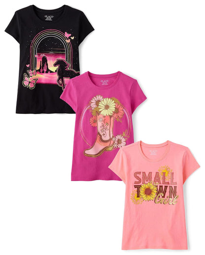 The Children's Place Playeras Estampadas de Manga Corta para Niña - XXL - Caballo - Botas Florales - Niña de Ciudad Pequeña