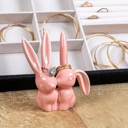 Creative Co-Op - Figura decorativa de cerámica de conejo, soporte de anillo rosa