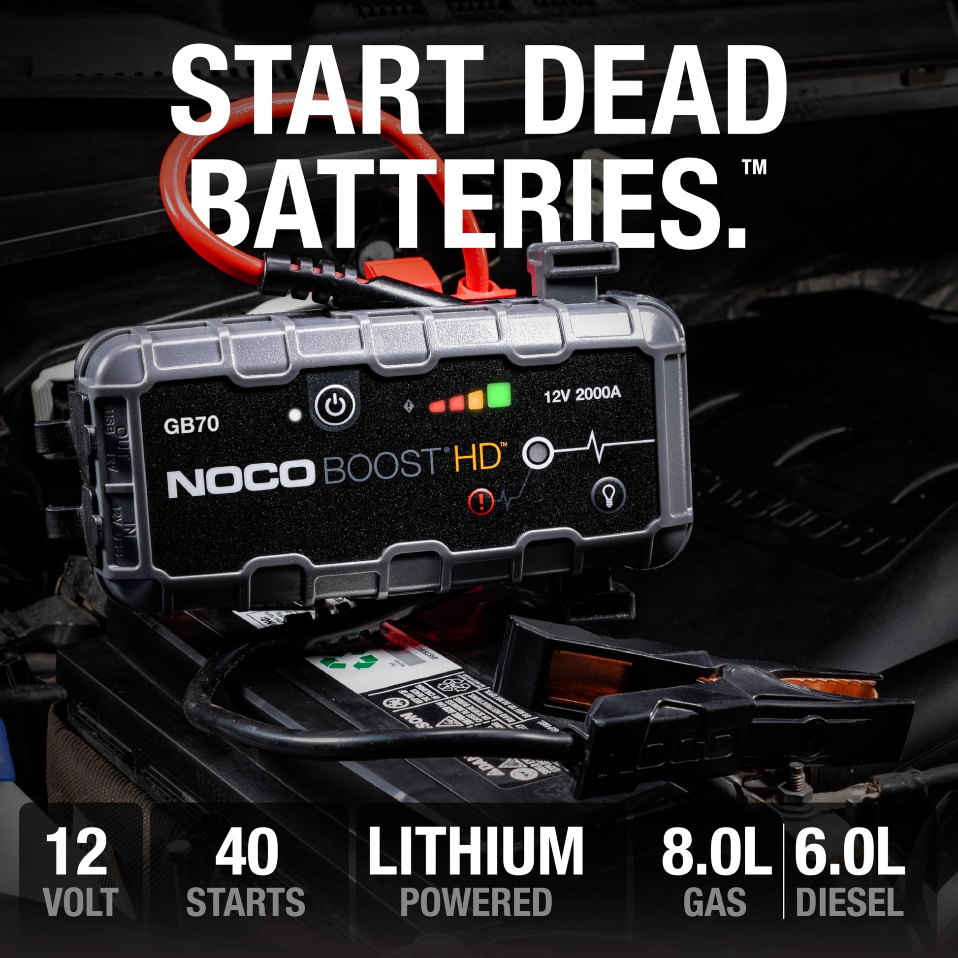NOCO Boost HD GB70 2000A 12V Arrancador de Batería de Litio UltraSafe, Portátil Arranque de Batería y Cable de Puente para Motores de Gasolina de hasta 8-litros y Motores Diésel de hasta 6-litros