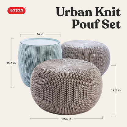 KETER Urban Knit - Juego de 2 puf otomano con Mesa de Almacenamiento para decoración de Patio y habitación, Perfecto para balcón, terraza y Asientos al Aire Libre