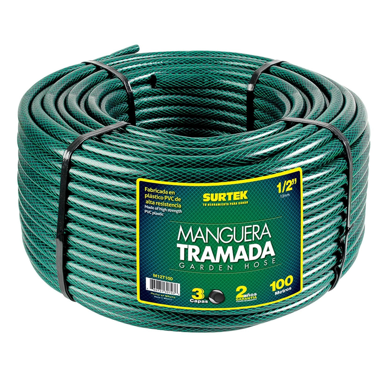 Surtek M12T100 Manguera para jardín tramada en rollo verde 1/2", 100 m