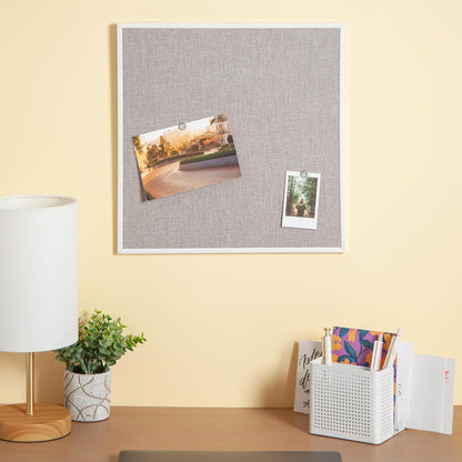 U Brands Farmhouse Linen - Tabla de anuncios de 14 x 14 pulgadas, marco de metal blanco, superficie de pinzado de grado industrial