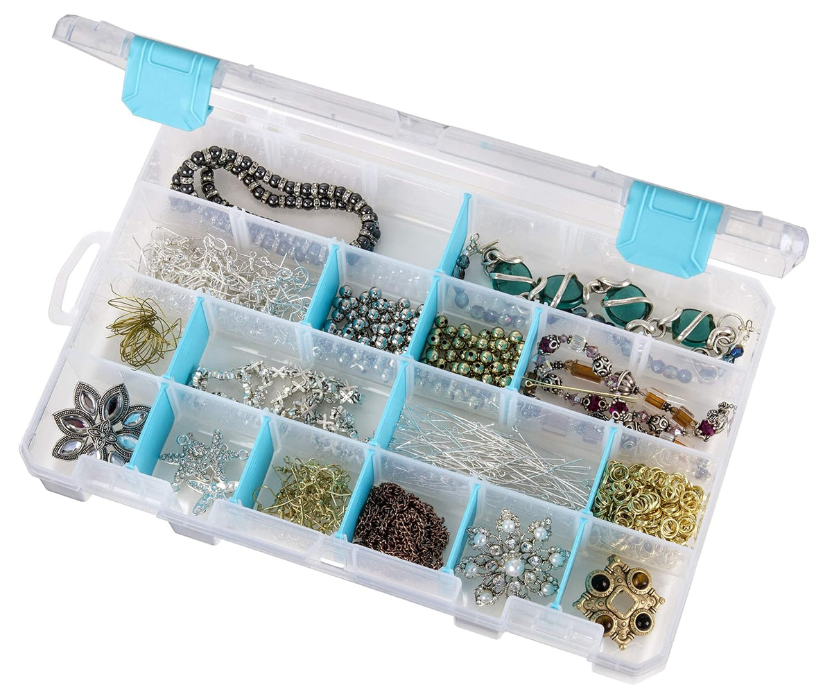 ArtBin 6847AG Caja mediana antideslustre con separadores extraíbles, organizador de joyas y manualidades con tecnología antideslustre, [1] caja de almacenamiento de plástico, transparente con detalles de aguamarina