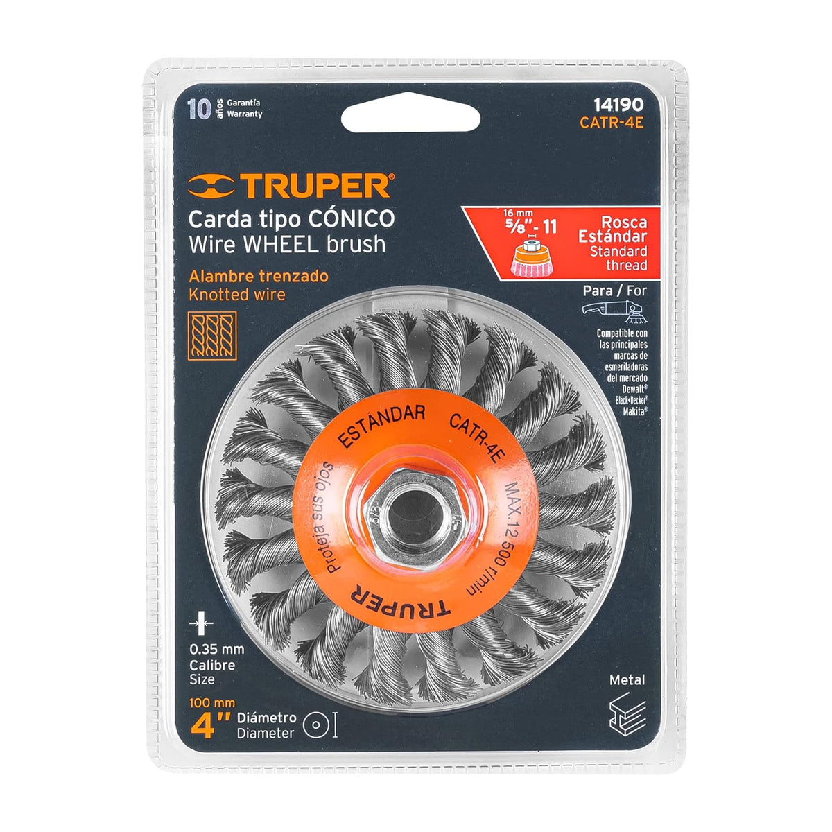 Truper CATR-4E, Carda para esmeriladora angular, tipo plato, alambre trenzado, calibre 0.35 mm, 4", 5/8-11