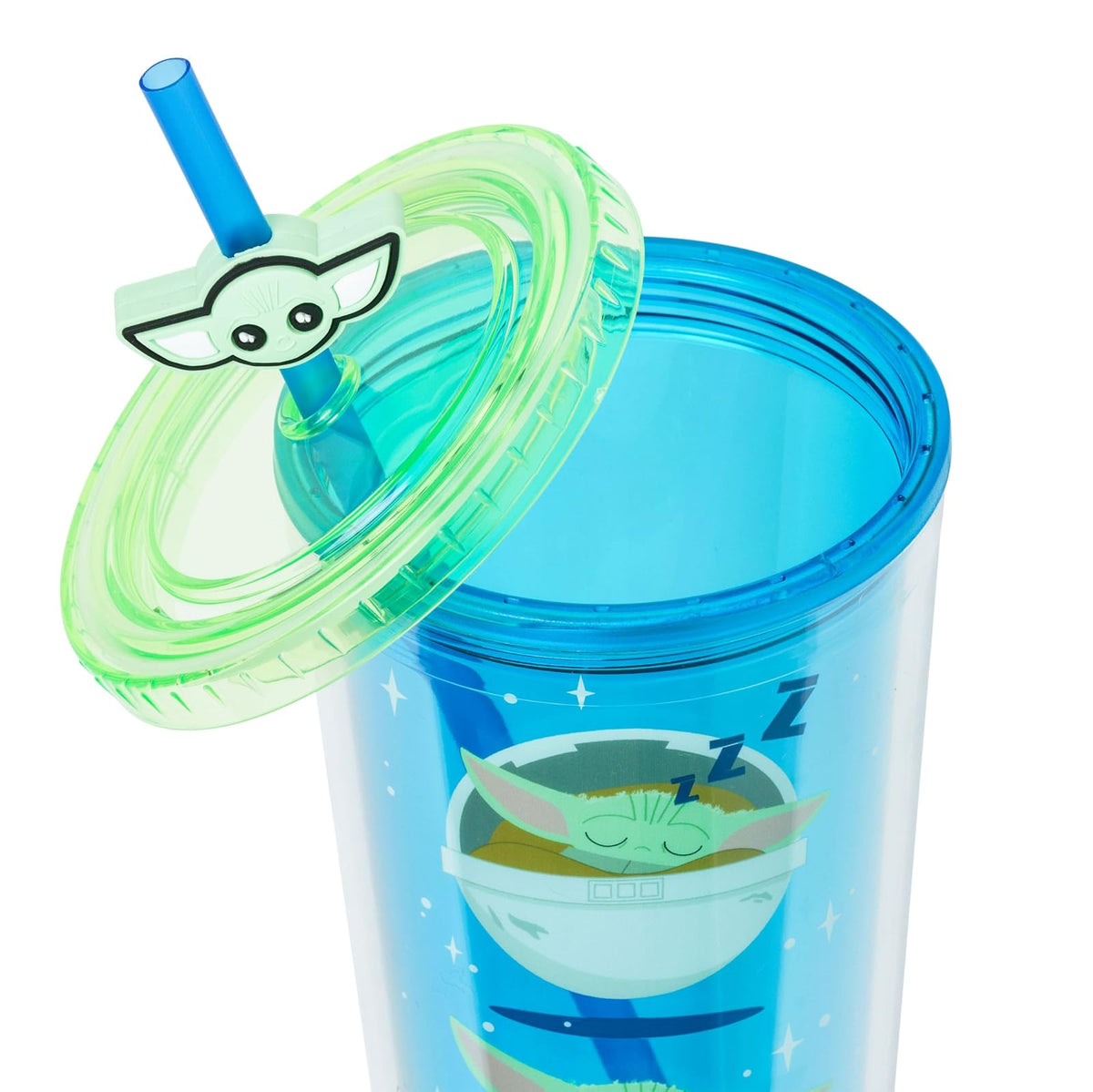 Silver Buffalo Star Wars The Mandalorian Baby Yoda Grogu Poses - Taza fría de plástico con tapa y tapa para popote, 24 onzas