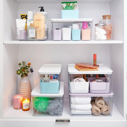 Rosanna Pansino x iDesign cubeta de almacenamiento de cocina de plástico reciclado con tapa, contenedor transparente/tapa de lavanda, 12 x 12 x 6 pulgadas