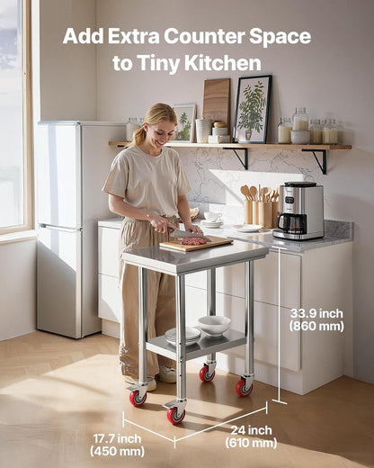 VEVOR Mesa de Trabajo de Acero Inoxidable, Mesa de Preparación con 4 Ruedas, Estantería de Trabajo de Preparación de Alimentos con Estantes Ajustables para Cocina, Garaje, Taller, 61 x 45 x 86 cm