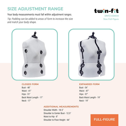 Dritz - Forma de vestido ajustable de doble ajuste, talla 20-24, maniquí de costura femenino con torso corporal pinnable, 13 esferas para un ajuste preciso y guía de dobladillo 360