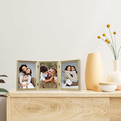 Lawrence Frames 11457T Antique Brass Hinged Triple Picture Frame, Bead Border Design, Golden frame, 5x7 inch