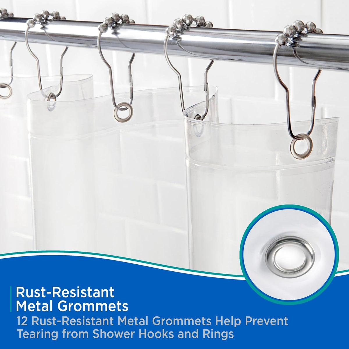 Kenney KN61443 - Cortina de ducha impermeable de PEVA de calibre 5, con ojales de metal resistentes al óxido y dobladillo magnético pesado para baño, 70 pulgadas de ancho x 72 pulgadas de alto, transparente, 1 paquete