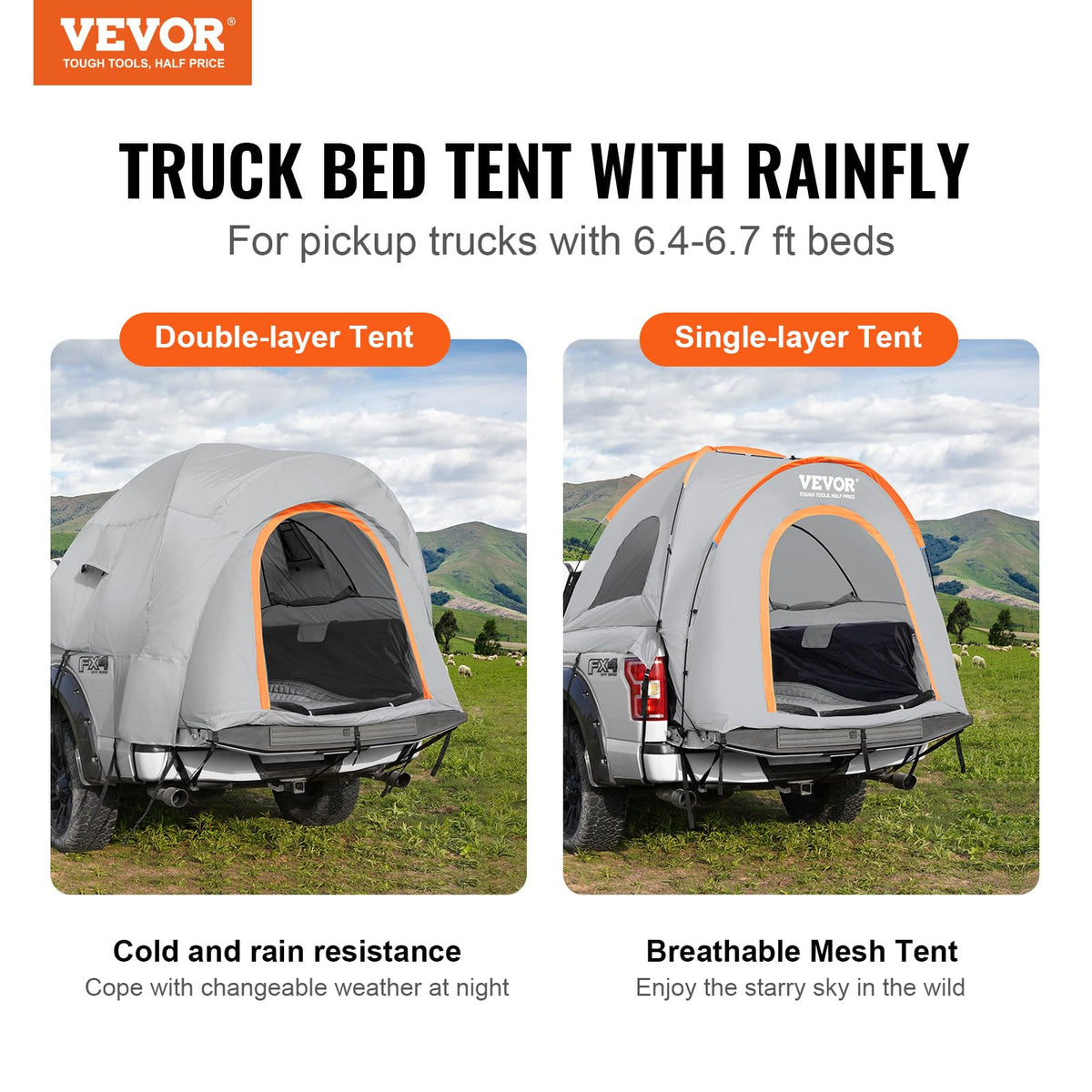 VEVOR Truck Bed Tent, SUV/Truck Tent with Carry Bag, Waterproof PU2000mm Double Layer Truck Tent for Camping, Pickup Tent Accommodate 2-3 Person, SUV Tent Accommodate 6-8 Person,