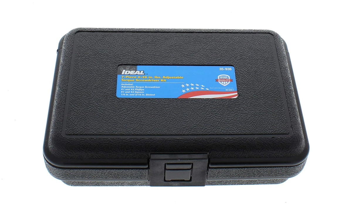 Ideal Electrical 35-936 Kit de destornilladores de torsión [7 piezas] – 0 a 36 libras. Destornillador de torsión ajustable con puntas Phillips, planas y cuadradas. Juego de brocas de destornillador