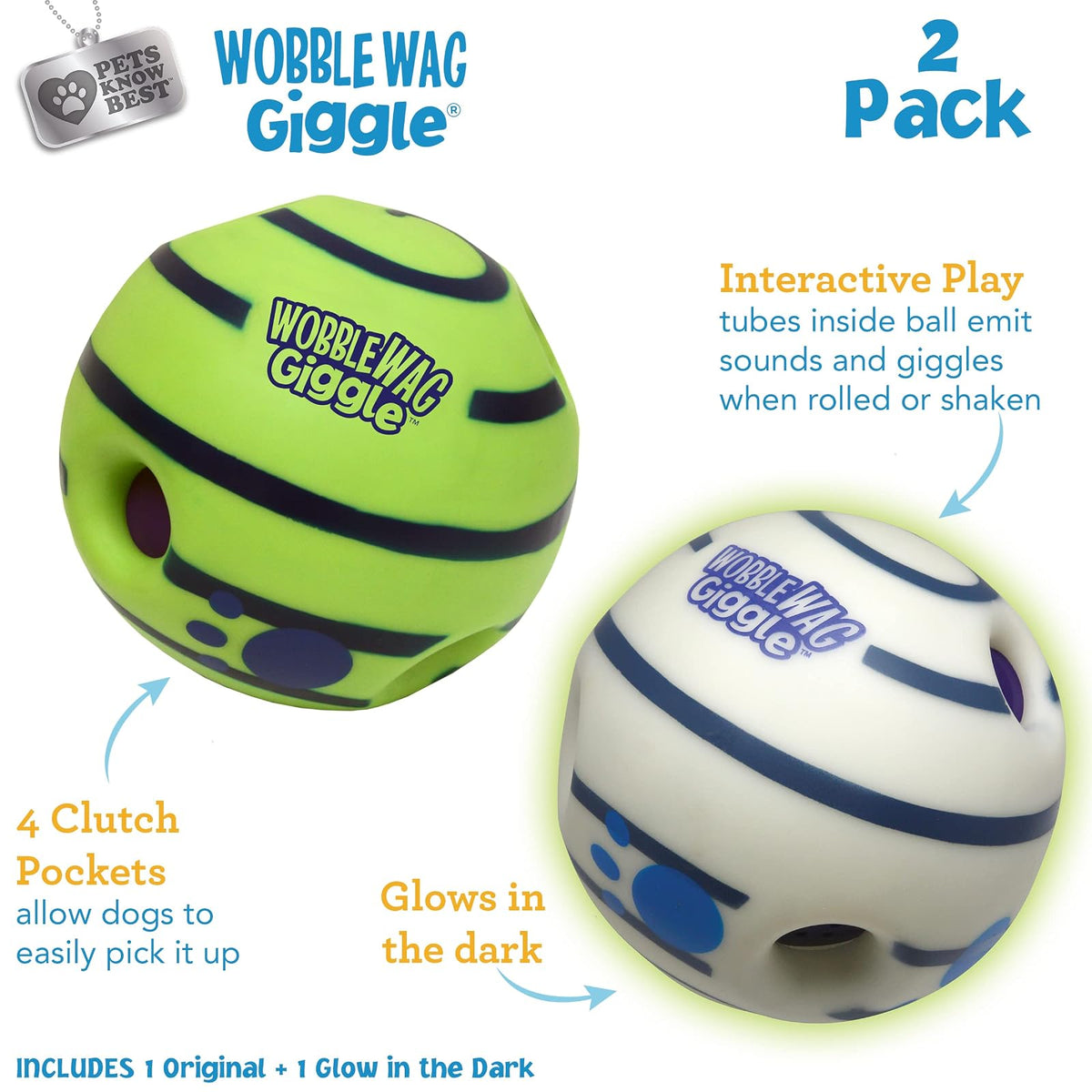 Wobble Wag Giggle Ball Paquete de 2 Juguetes interactivos para Perros, Divertidos Sonidos de risita Cuando se enrollan o se sacuden, Las Mascotas Saben Mejor: 1 Original y 1 Bola Que Brilla en la