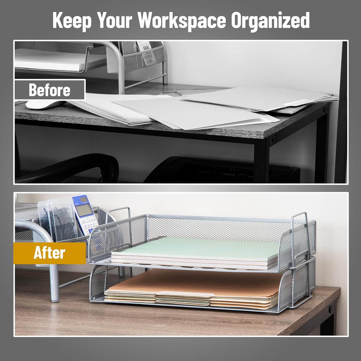 Betesh Mind Reader Stackable Paper Tray, Desktop Organizer, File Storage, Office, Metal Mesh, 14" L x 9.75" W x 6" H, 2 Pcs., Silver