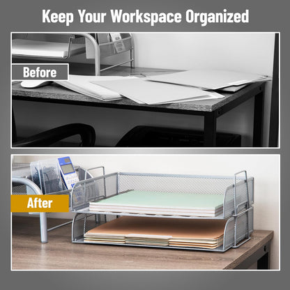 Betesh Mind Reader Stackable Paper Tray, Desktop Organizer, File Storage, Office, Metal Mesh, 14" L x 9.75" W x 6" H, 2 Pcs., Silver