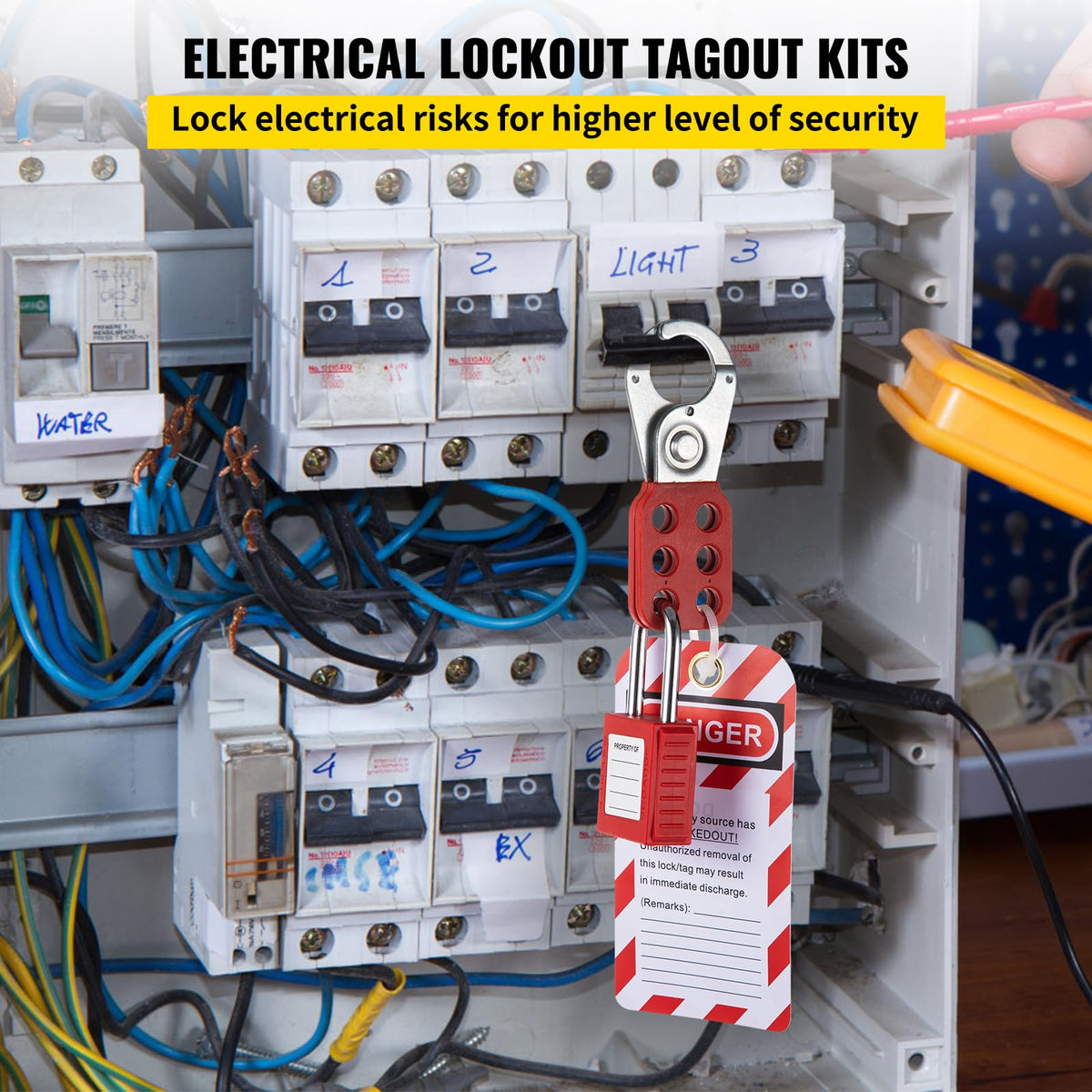 VEVOR Kit de Candado de Seguridad 58 PCS Kit de Bloqueo y Etiquetado 14 Candados Cerraduras de bloqueo y etiquetado 39,37x55,88 cm con Cerrojos de 6 Orificios para Maquinaria, Equipos Eléctricos