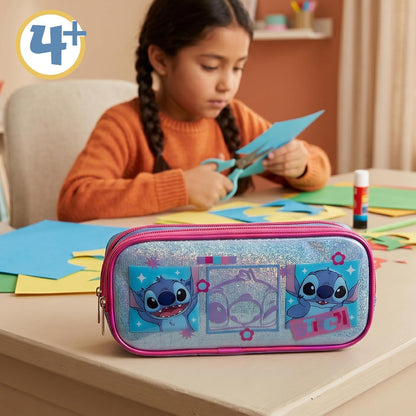 Ruz Lapicera Doble Infantil y Preescolar | Stitch | 100% Poliéster | Bolsa Escolar para Niños con Bolsillos Organizadores y Cierre de Cremallera | Recomendado desde 3 años