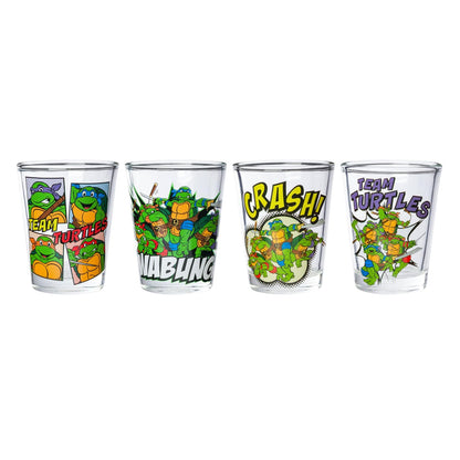 Silver Buffalo Teenage Mutant Ninja Turtles TMNT con Leonardo, Rapheal, Donatello y Miguel Ángel Juego de 4 mini vasos de 1.5 onzas