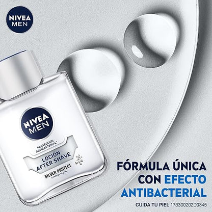NIVEA MEN Loción Aftershave Silver Protect (100ml) Antibacterial con Iones de Plata Después Afeitado con Manzanilla y Pro Vitamina B5