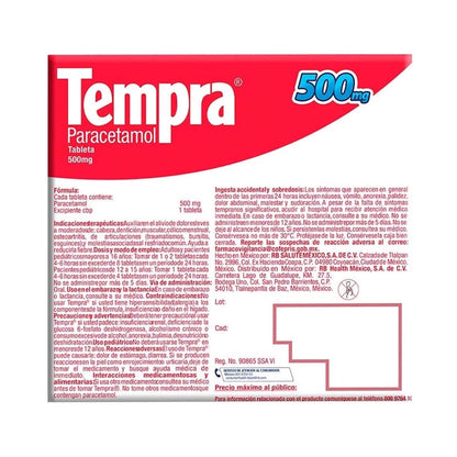 Tempra 500mg paracetamol, para dolor y fiebre, caja con 100 tabletas