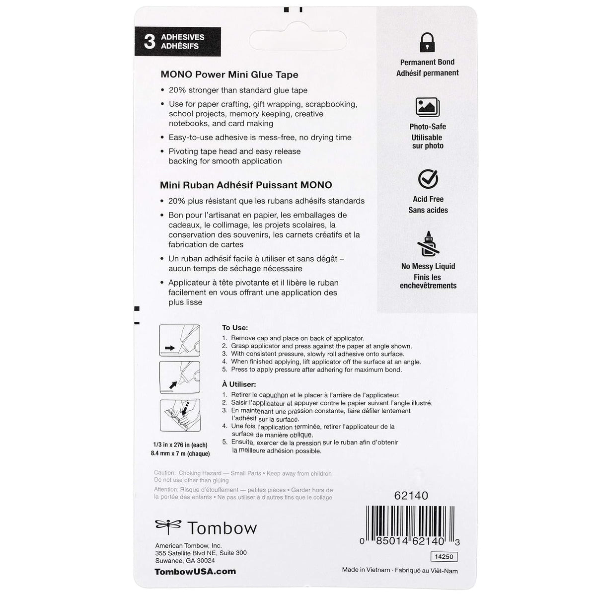 Tombow 62140 Power Mini cinta de pegamento, paquete de 3 aplicadores compactos fáciles de usar para una unión fuerte y permanente