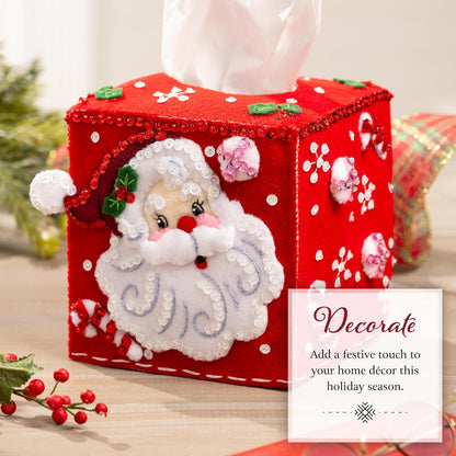 Kit de cubierta de caja de pañuelos de aplique de fieltro Bucilla, San Nicolás alegre, perfecto para manualidades y artesanías navideñas DIY, 89678E
