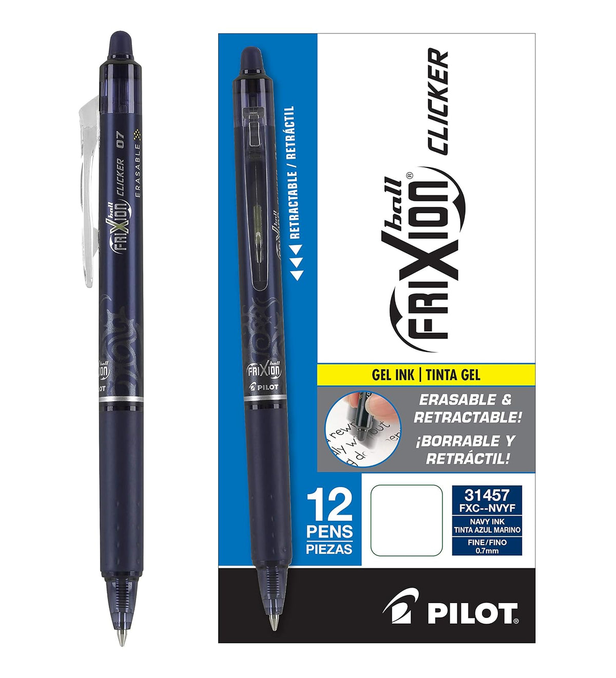 Pilot FriXion Clicker Bolígrafo Retráctil de Tinta Borrable - Caja con docena - Azul marino