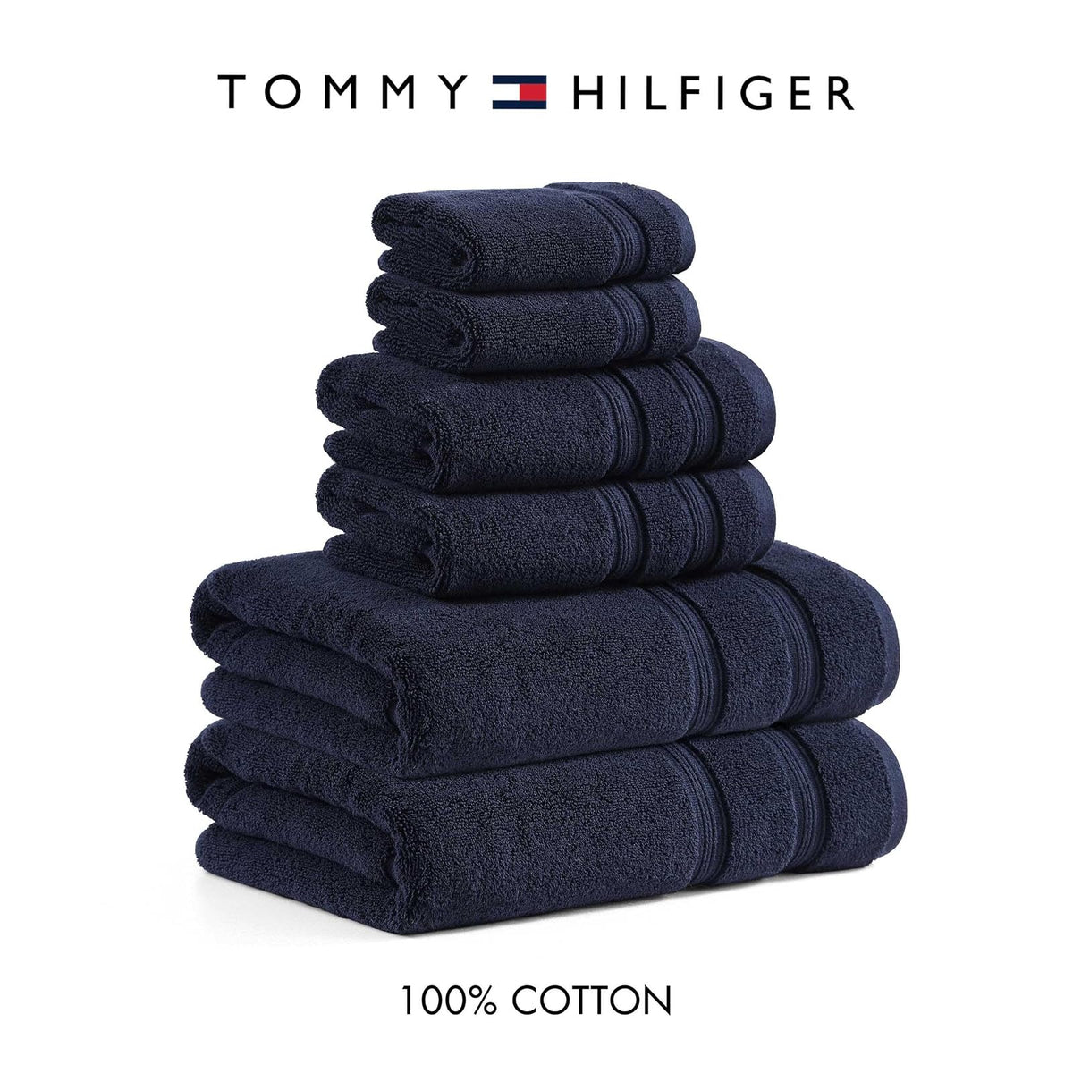 Tommy Hilfiger - Toallas de baño, Material súper Suaves y absorbentes de Alta Calidad con Cero Giro, Certificado Oeko-Tex (Harborside Solid Navy, Paquete de 6)