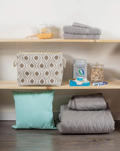 DII Cesta de almacenamiento plegable de poliéster o contenedor con asas de algodón duraderas, solución de organizador para el hogar, oficina, recámara, clóset, juguetes, y lavandería, Ikat , Ikat Stone, 17.75x12x15", 1, 1