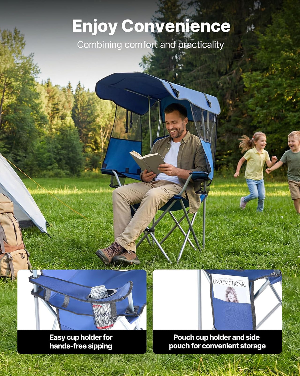 VEVOR Silla de Camping Plegable con Sombrilla Capacidad Máxima de 150 kg, Silla de Camping Portátil con Toldo Tela Oxford, Compartimento para Revistas, Portavasos y Bolsillo para Exteriores Pesca