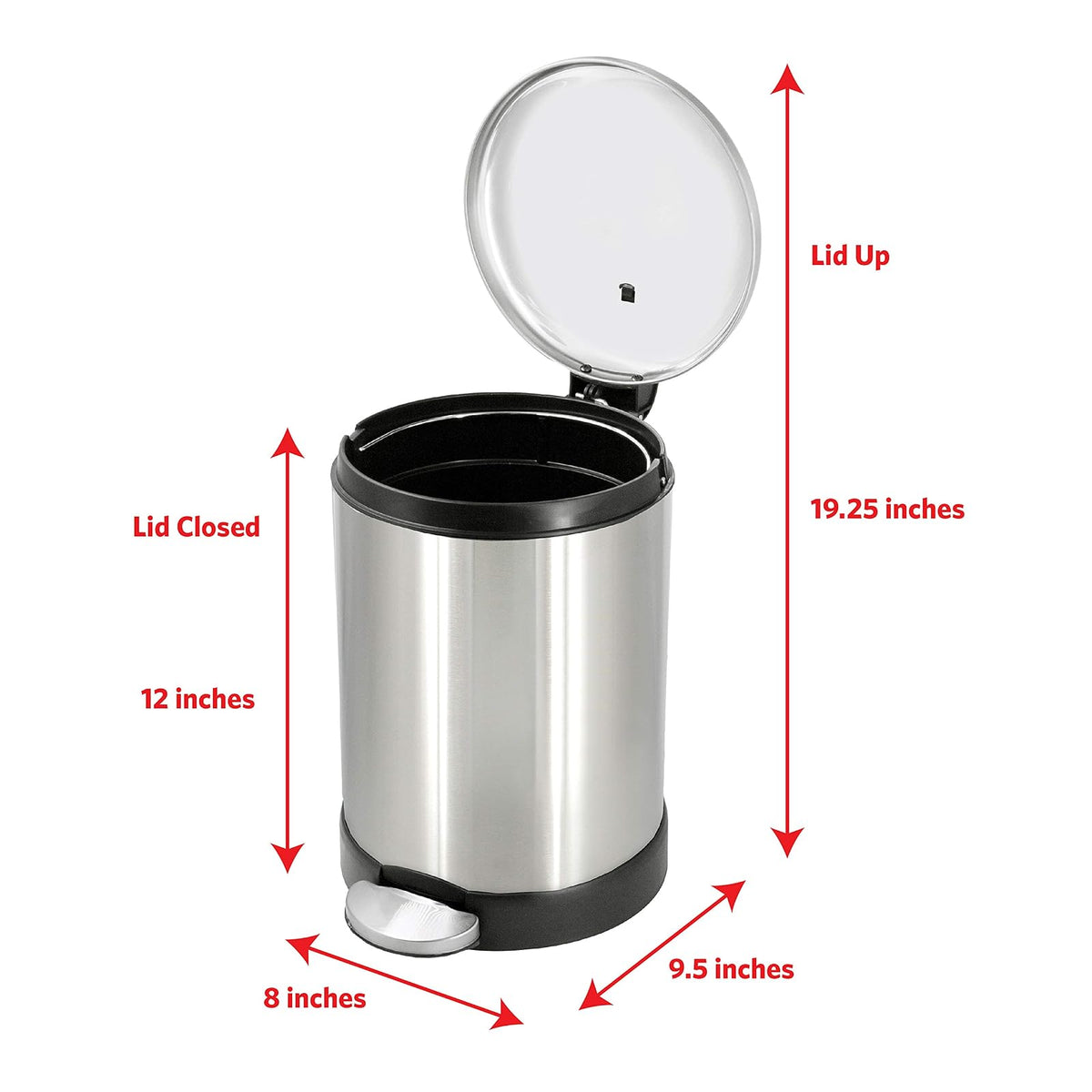 Glad Cubo de basura pequeño, 1.2 galones | Cubo de basura redondo de acero inoxidable con tapa de cierre suave y pedal de pie | Cesta de basura de metal con cubo interior extraíble, acero inoxidable