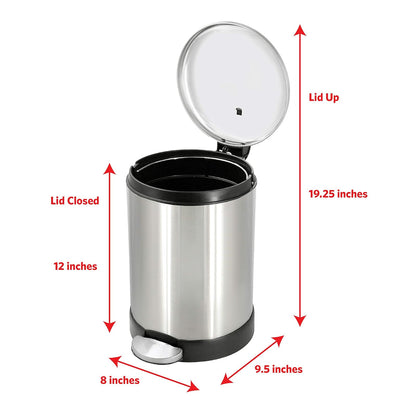 Glad Cubo de basura pequeño, 1.2 galones | Cubo de basura redondo de acero inoxidable con tapa de cierre suave y pedal de pie | Cesta de basura de metal con cubo interior extraíble, acero inoxidable