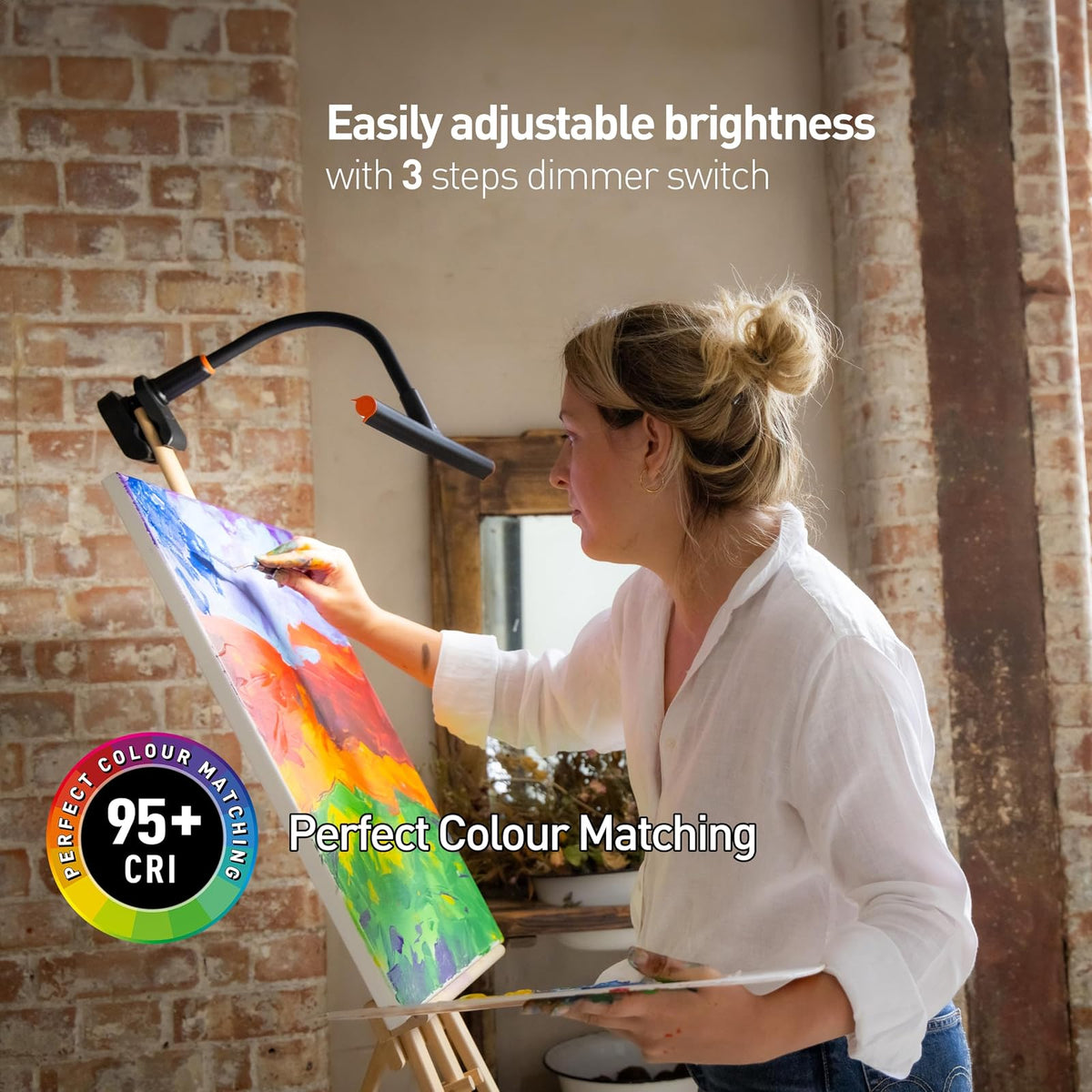 daylight Company Easel Lamp Go™ Premium 95+ CRI Lámpara de arte LED con atenuador de 3 pasos, cable USB-C y batería integrada para una excelente reproducción de color e iluminación ininterrumpida