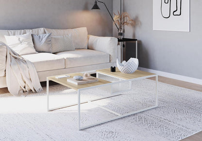 TUGOW Alterego Mesa de Centro Noemi Rectangular Color Blanco y Madera con 2 Tableros y Estructura Metálica de Acero MDP