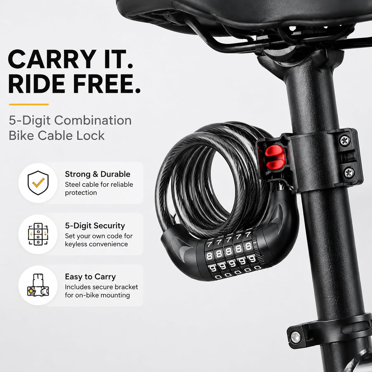 KEYSTP - Cable de Bloqueo de Bicicleta de 5 dígitos, Resistente y reiniciable, antirrobo con Soporte de Montaje, Cable de Acero Impermeable para Scooters, eléctricas, Uso al Aire última