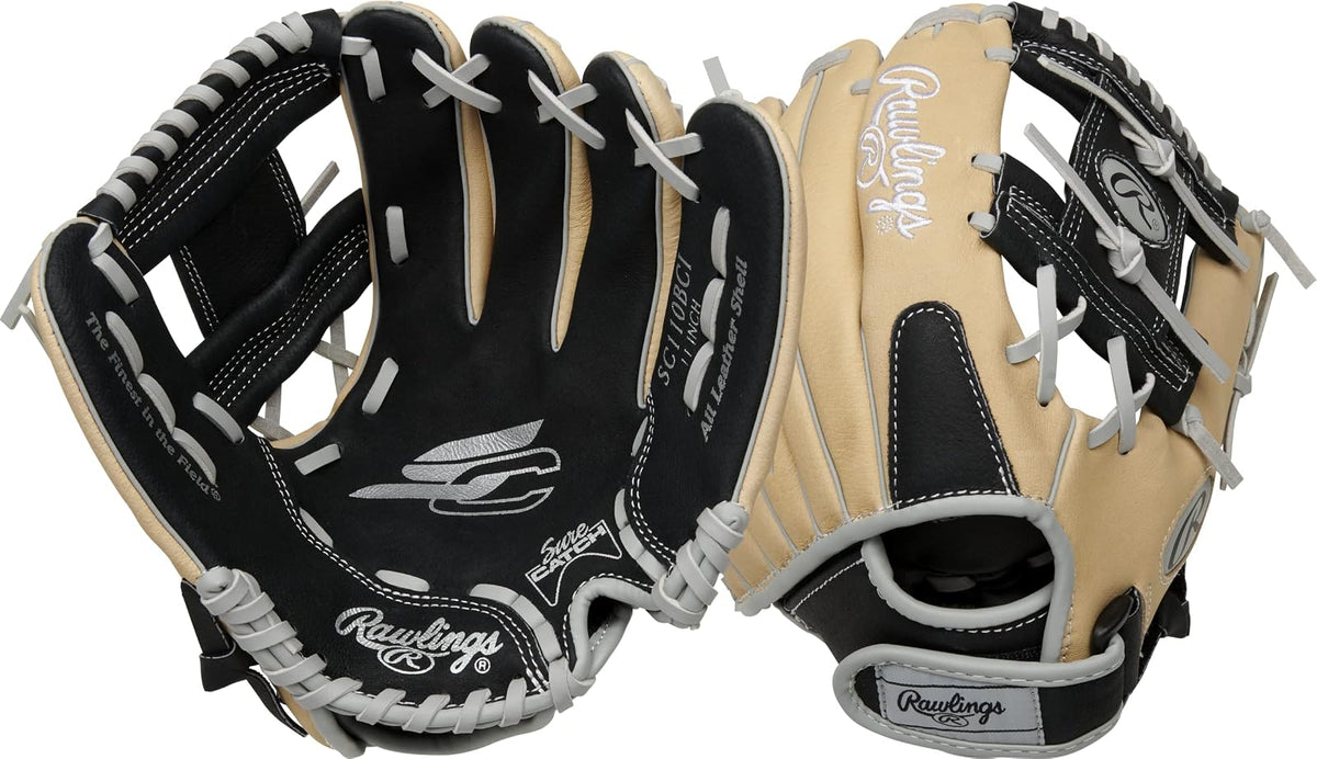 Rawlings Sure Catch Guante de Béisbol T-Ball y Juvenil, 10.5-11.5 pulg - Tiro derecho - 11 pulgadas | Edades 7-9 - Negro - Camel