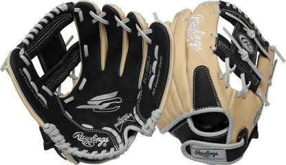 Rawlings Sure Catch Guante de Béisbol T-Ball y Juvenil, 10.5-11.5 pulg - Tiro derecho - 11 pulgadas | Edades 7-9 - Negro - Camel