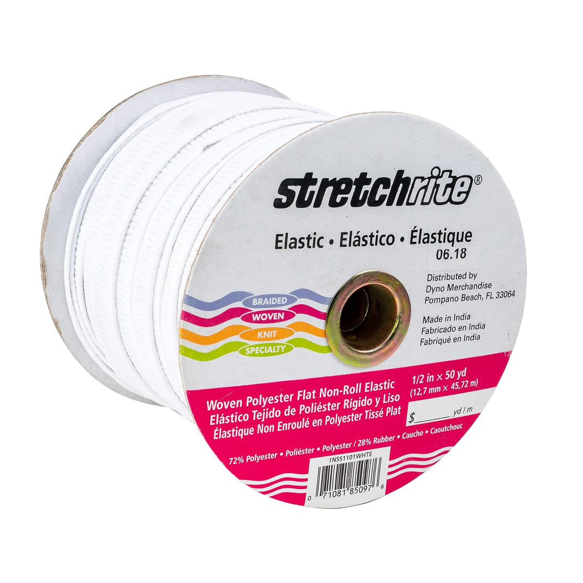 Stretchrite 1NSS1101WHTE Bobina elástica de poliéster Tejida Plana de 1/2 x 50 Yardas, Color Blanco